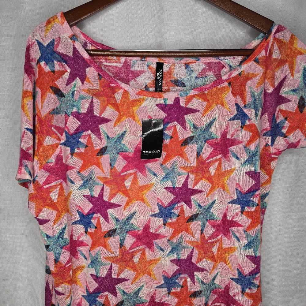 NWT Torrid Sleep Pajama Top Pink Multicolor Stars Short Sleeve Lightweight 0/L